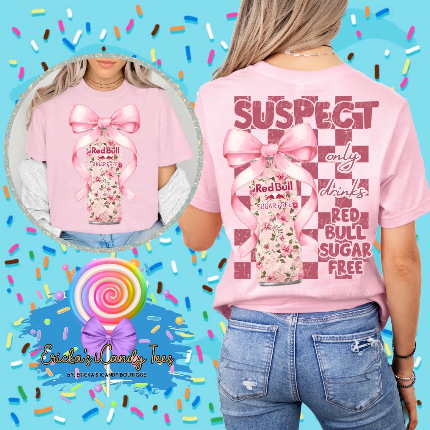 Suspect Only Drinks Dr.Pepper, Coke, Red Bull, Sprite - Front & Back Adult Tees & Sweaters