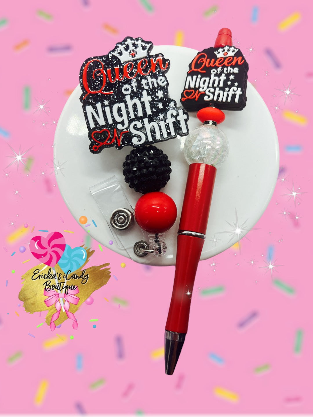 Queen of Night Shift- Badge Reel & Pen set
