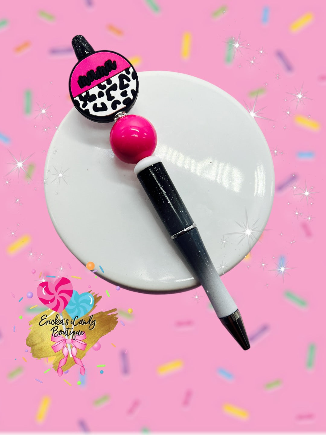 White Leopard Mama - Beaded Pen