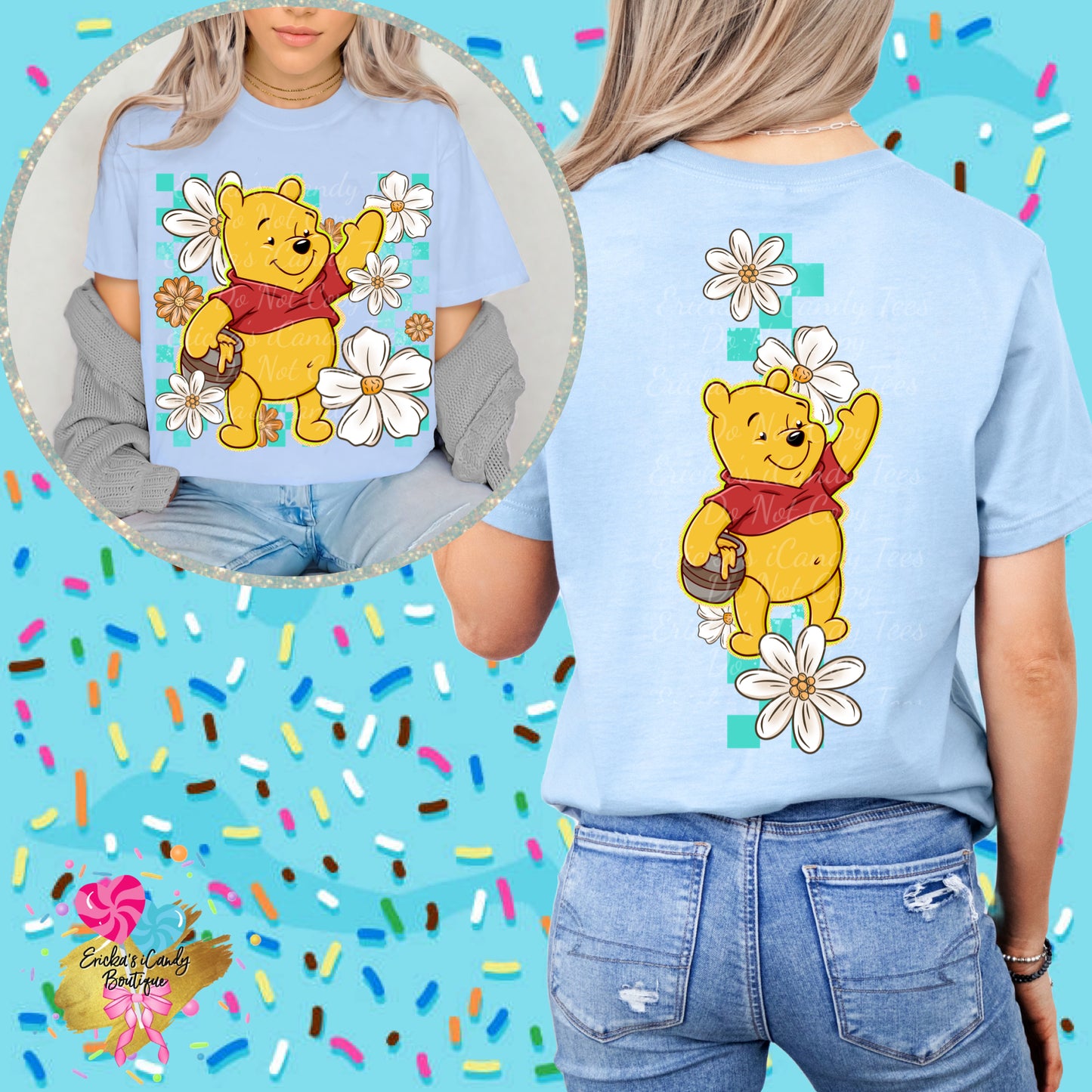 Checkered Flower Honey Bear - Front & Back Apparel