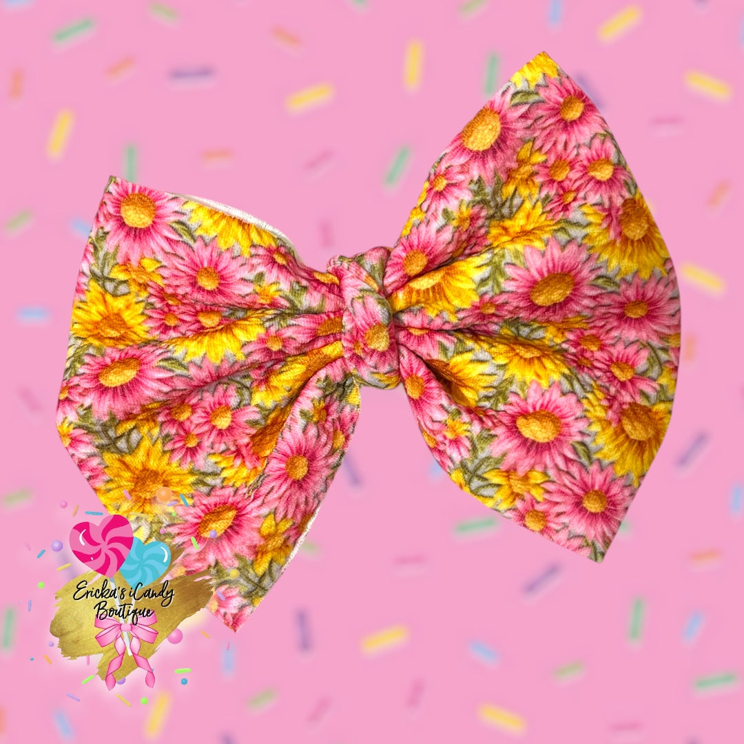 Pink Yellow Daisies - 5in Bullet Fabric Bow