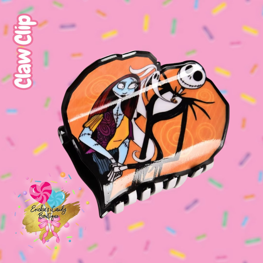 Orange Heart Jack & Sally - 3.5in Acrylic Claw Clip