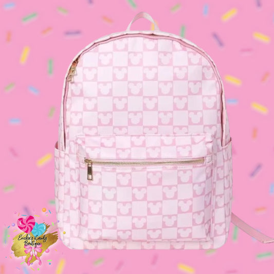 Pink/ White Checkered Mouse Large Backpack