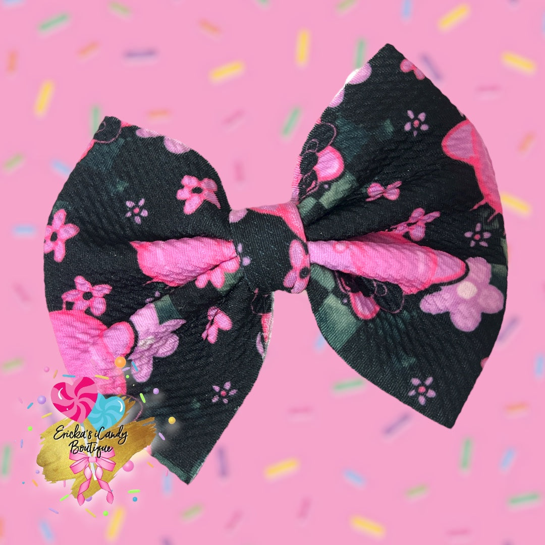 HK Pink black floral - 5in Bullet Fabric Bow