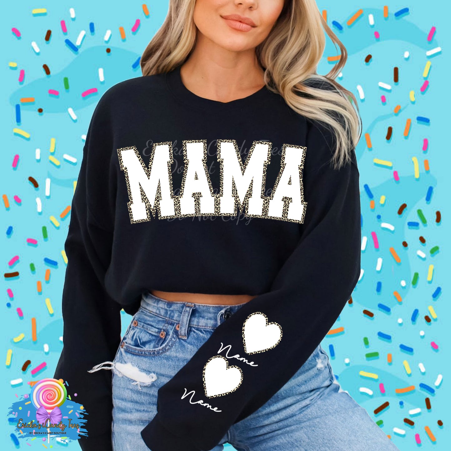 Mama Cheetah Heart (name on sleeves, back design for tees)- Apparel