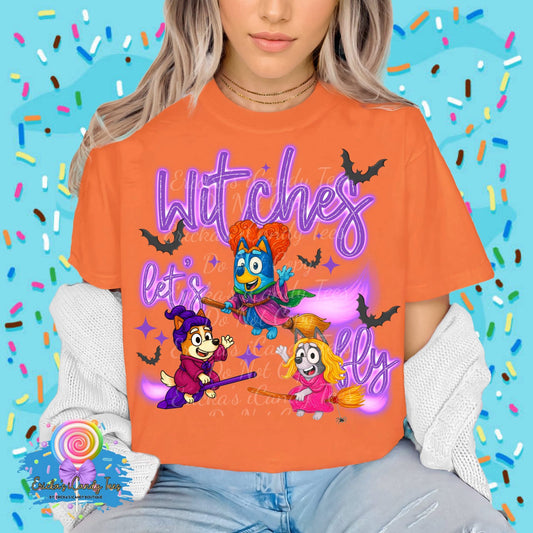 Witches Let’s Fly Blue Dog - Kids & Adult Apparel