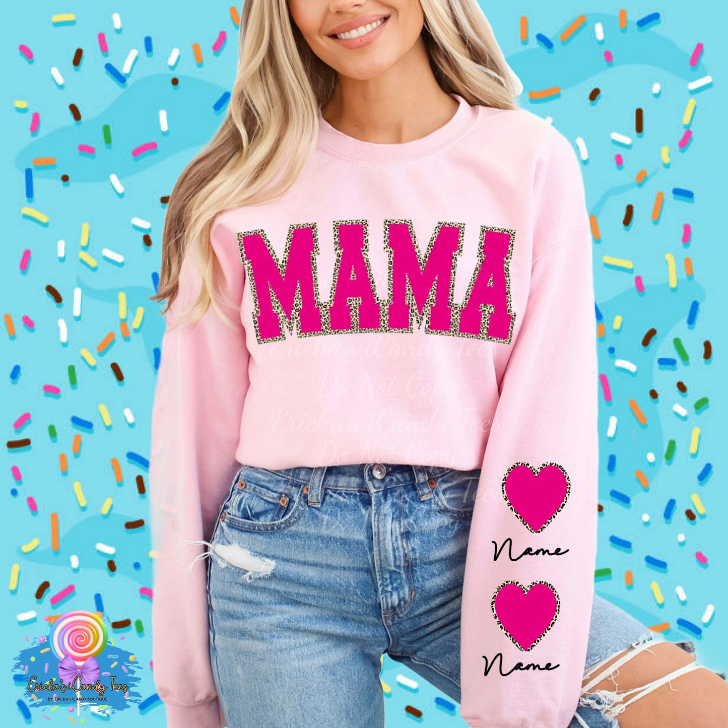Mama Cheetah Heart (name on sleeves, back design for tees)- Apparel