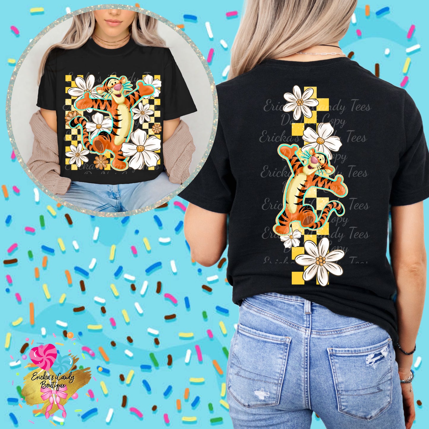 Checkered Flower Tiger - Front & Back Apparel