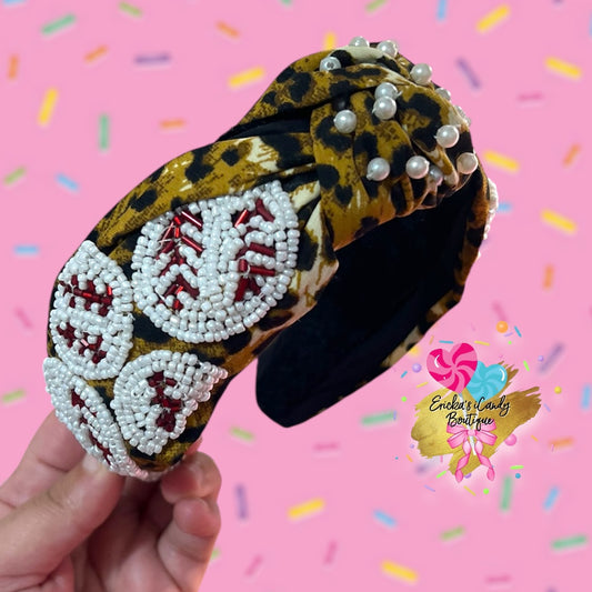 Leopard Beaded Baseball Knotted Headband