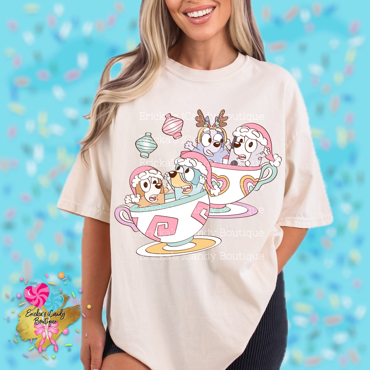 Christmas Teacups Blue Dog - Kids & Adult Apparel