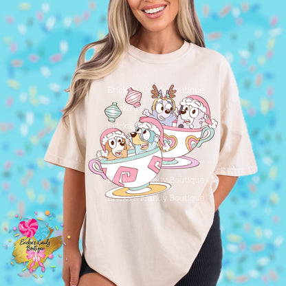 Christmas Teacups Blue Dog - Kids & Adult Apparel
